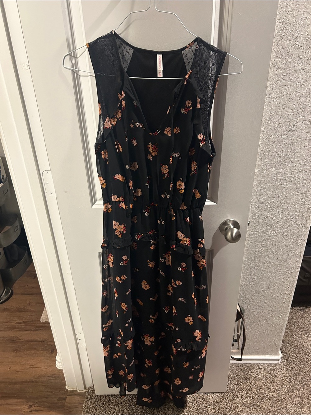 Black Maxi Dress with Peach Floral Print and Lace Trim